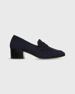 Block Heel Penny Loafer in Navy Suede