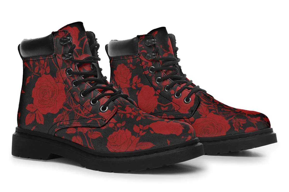 Blood Rose Romance Classic Boots - High Quality Micro-Suede Weatherproof Vegan Shoes with Stitched on Soles