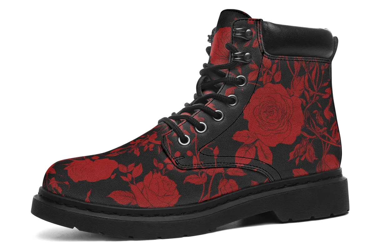 Blood Rose Romance Classic Boots - High Quality Micro-Suede Weatherproof Vegan Shoes with Stitched on Soles