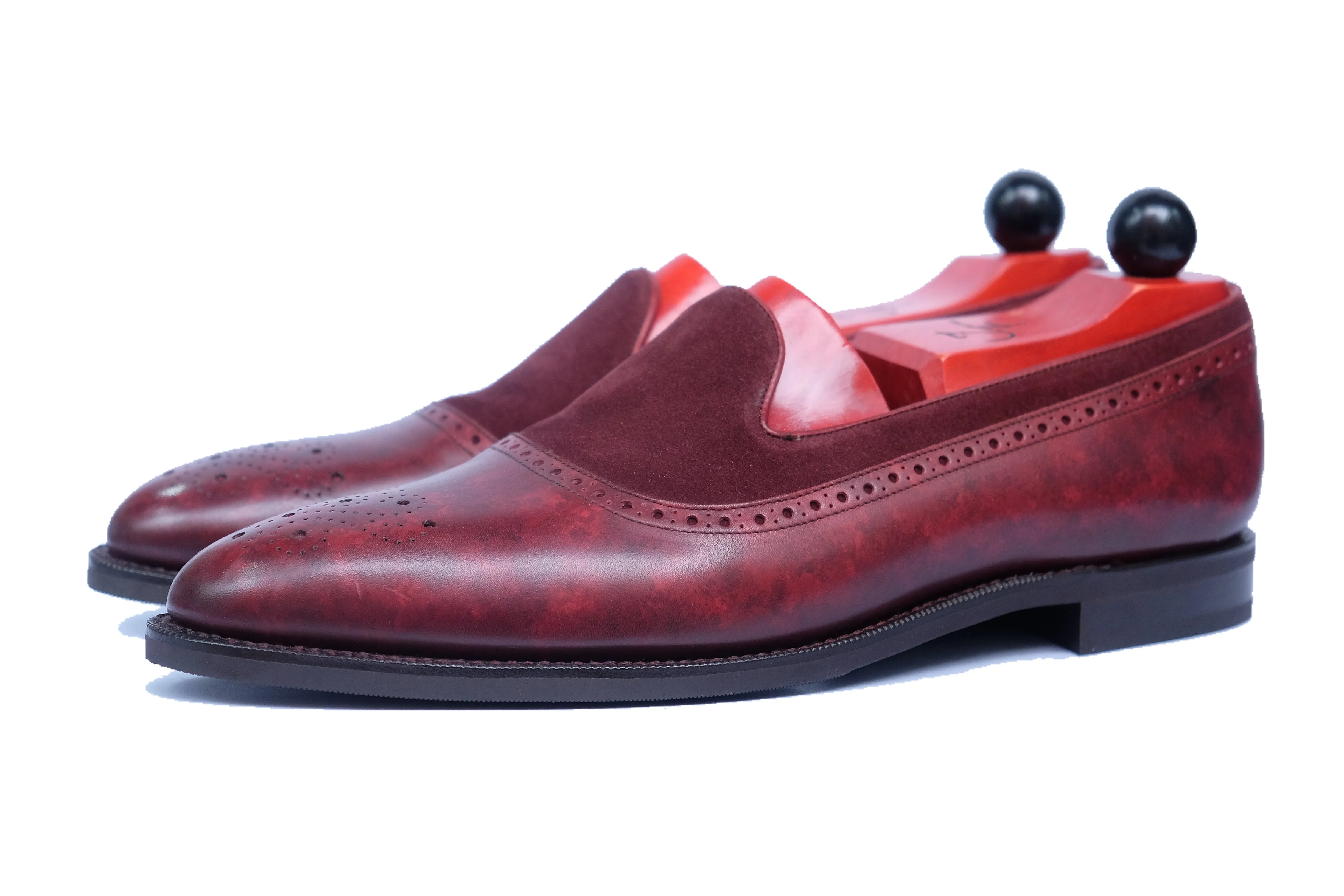 Bothell - MTO - Burgundy Marble Patina / Burgundy Suede - Heart Medallion - TMG Last - City Rubber Sole