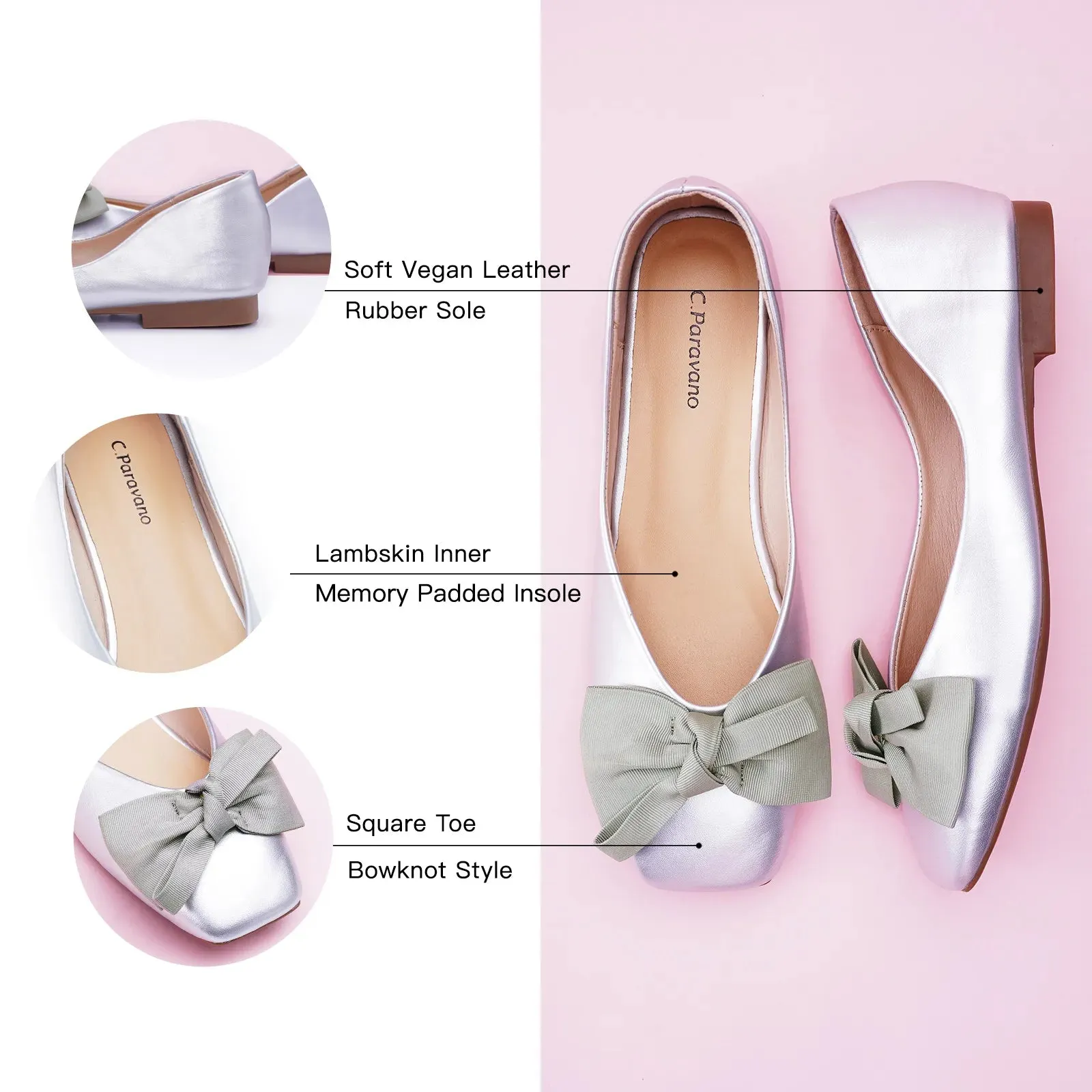 Bow Ballerina Flats (Eva) Silver