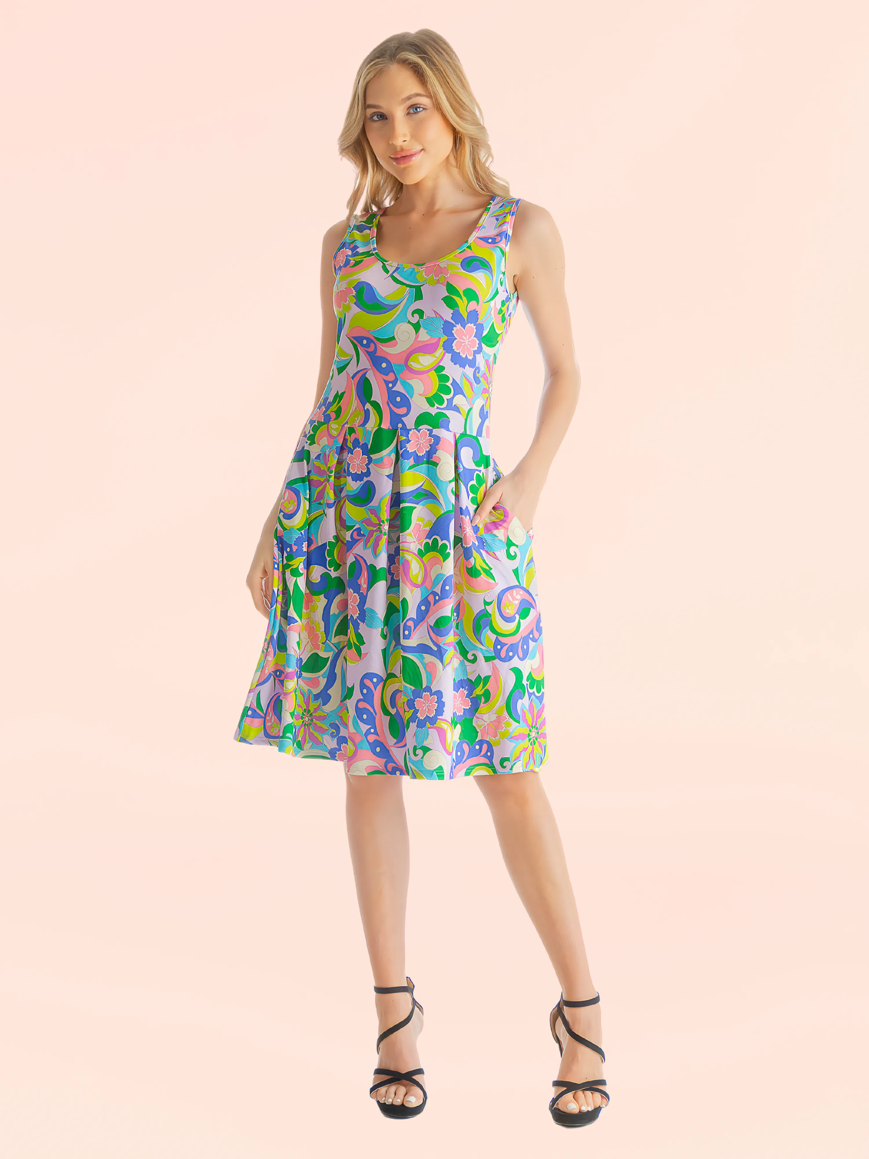 Bright Multicolor Floral Sleeveless Pleated Knee Length Pocket Dress