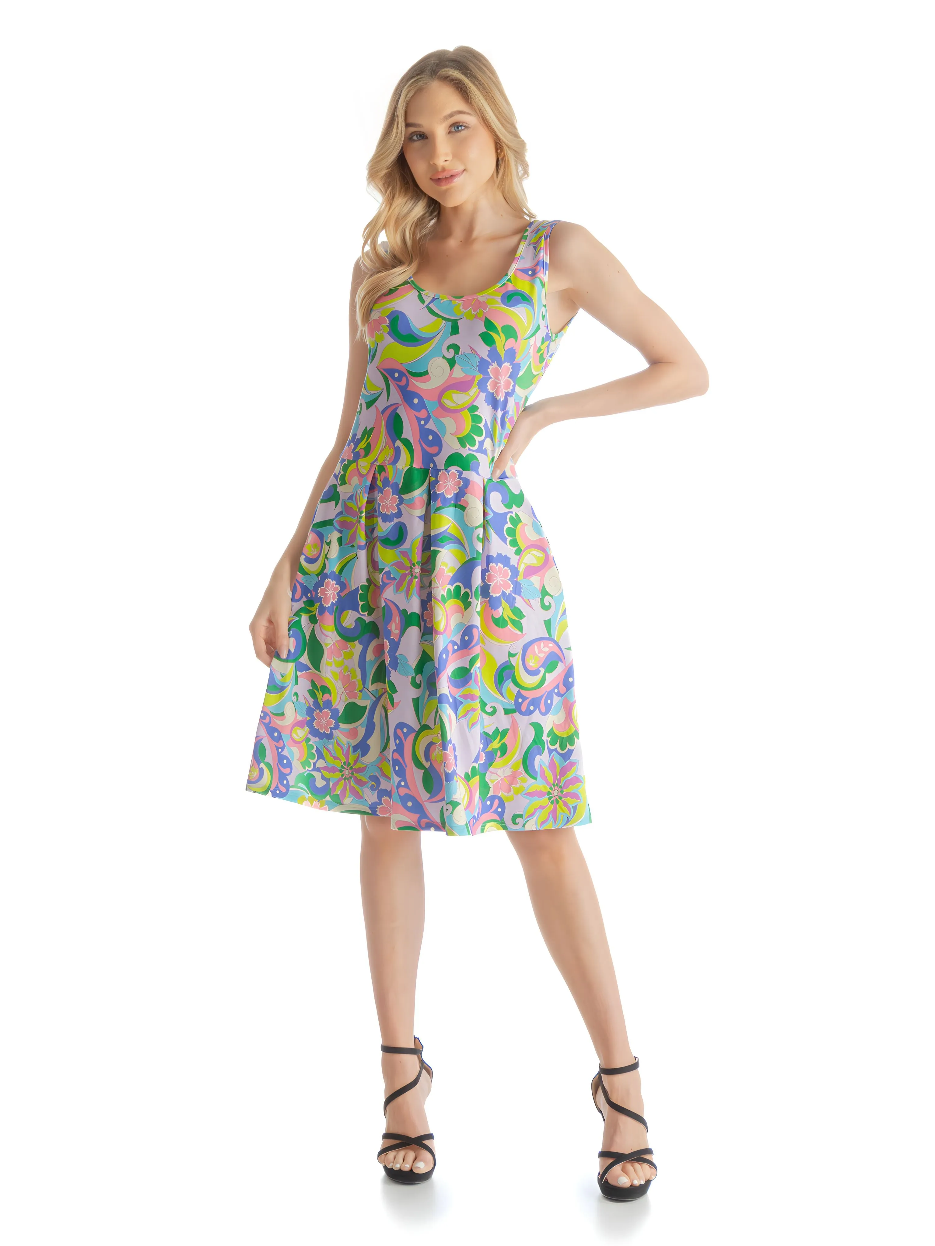 Bright Multicolor Floral Sleeveless Pleated Knee Length Pocket Dress