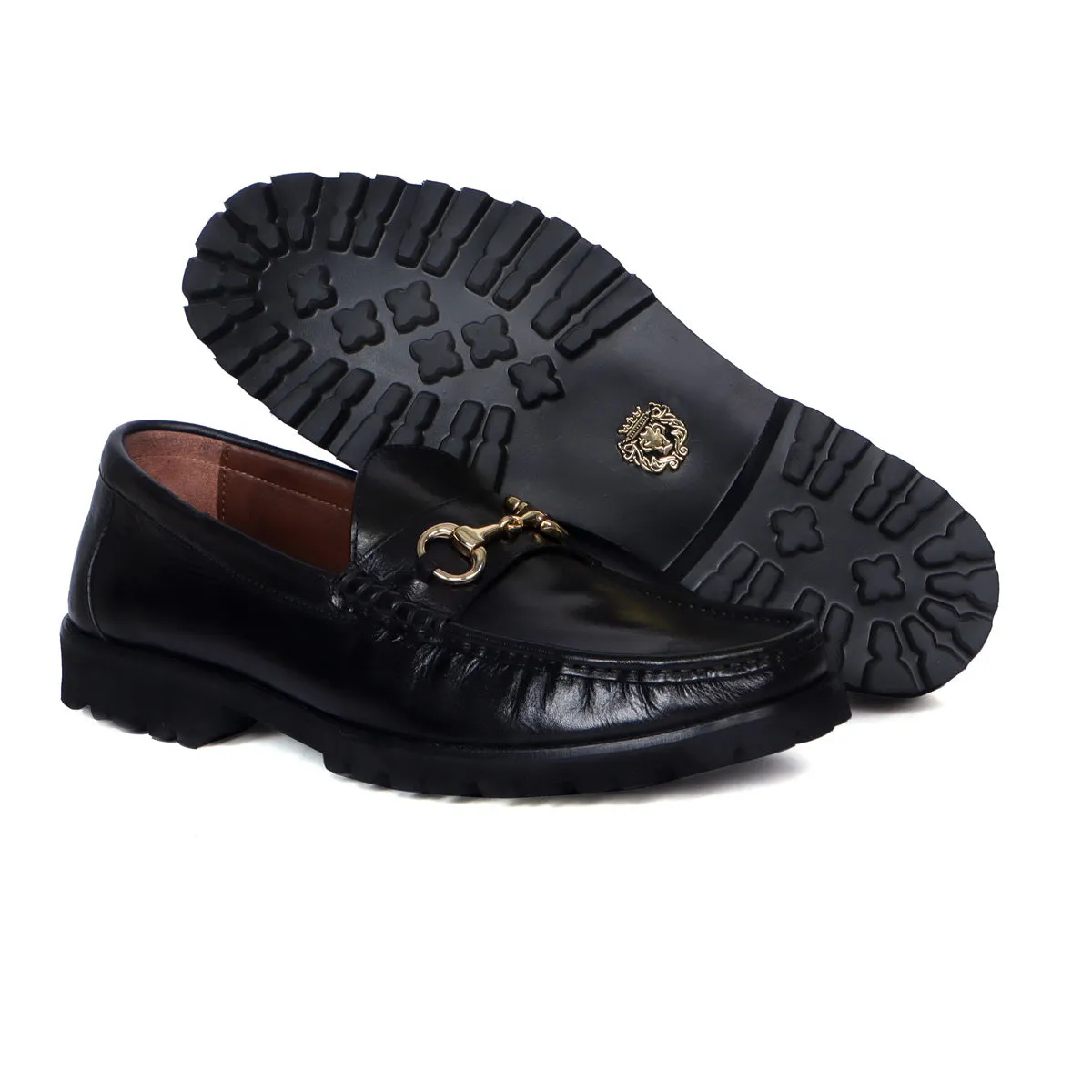 Chunky Sole Loafer with Horse-bit Detailing in Black Leather