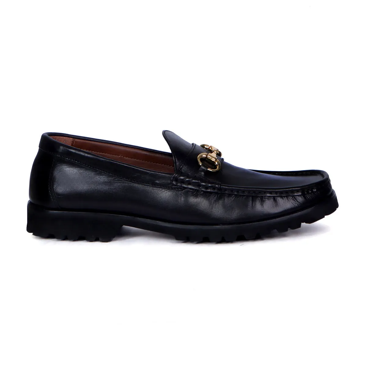 Chunky Sole Loafer with Horse-bit Detailing in Black Leather