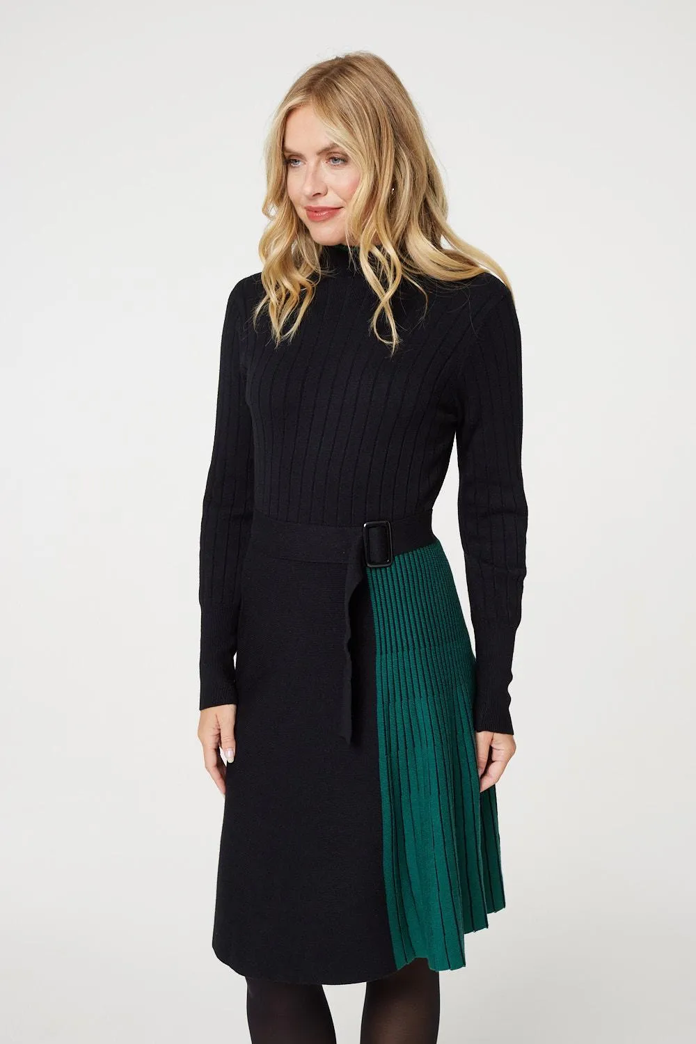 Colour Block High Neck Pleated Knit Dress