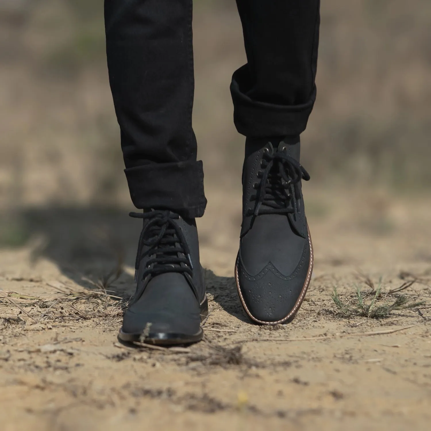 Duster Brogues Derby Black Nubuck Leather Boots