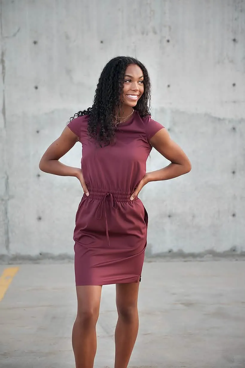 Elegant Burgundy Cap Sleeve Dress with Functional Pockets for Women