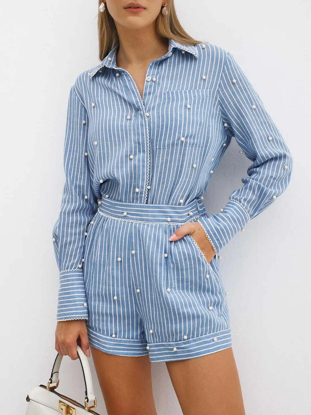 Elyssa Stripe Shorts With Pearls | Blue/White