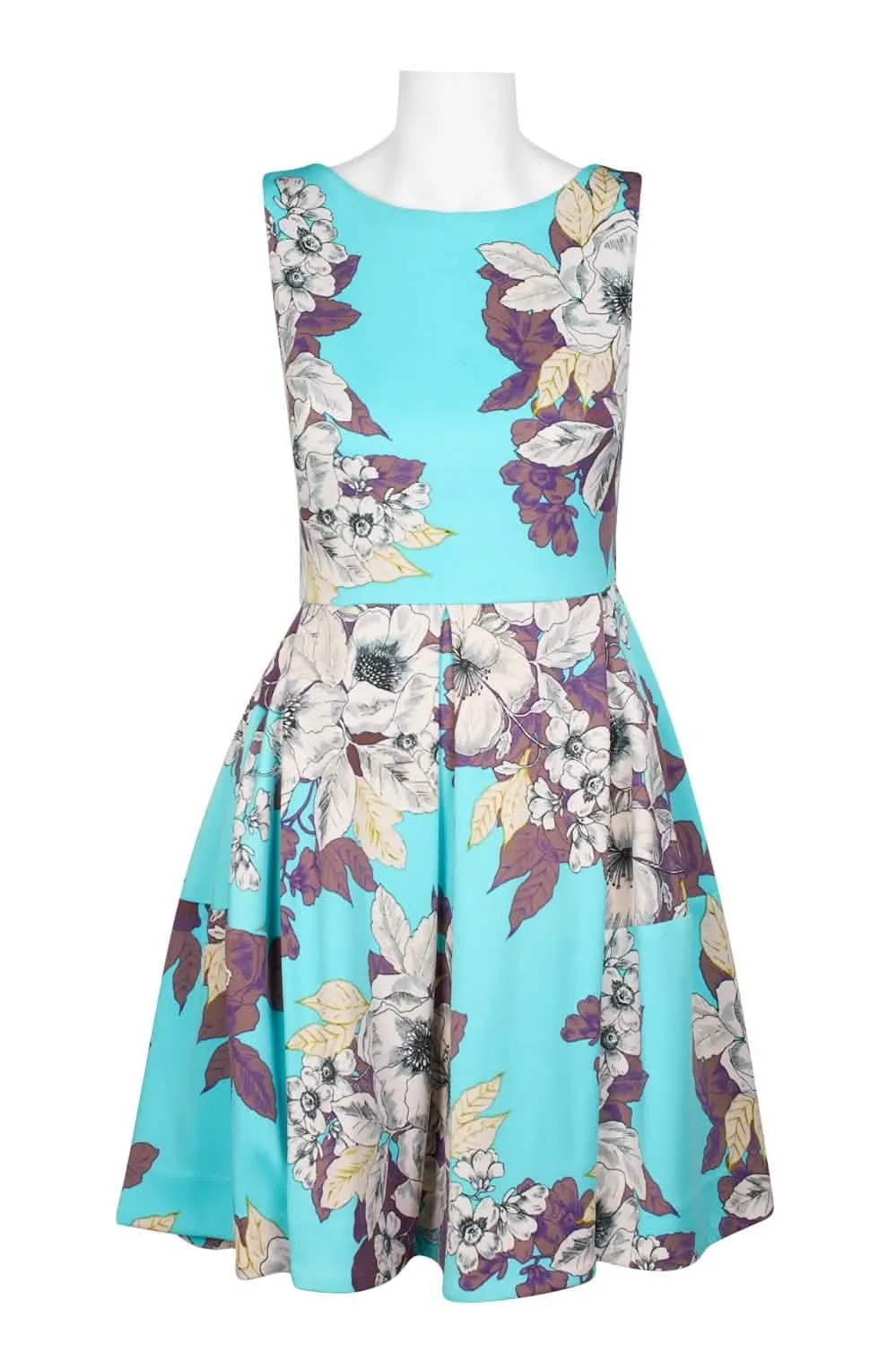 Floral Print Sleeveless A-Line Scuba Dress with Elegant Boat Neck and Convenient Zipper Back