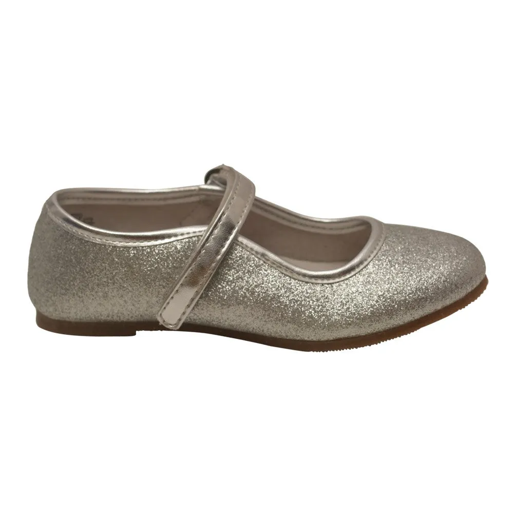 Girls Silver Hook and Loop Ankle Strap Glitter Flats 7-toddler-4 Kids