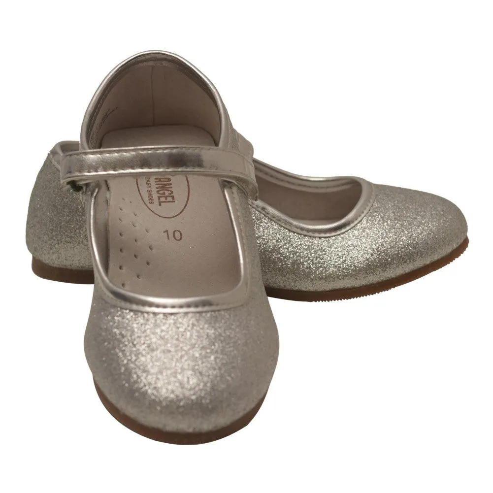 Girls Silver Hook and Loop Ankle Strap Glitter Flats 7-toddler-4 Kids