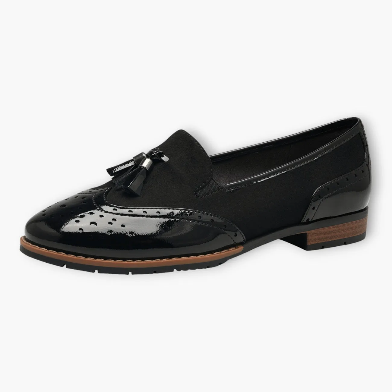 Jana Black Wide Fit Patent Brogue Detail Slip-On Loafers