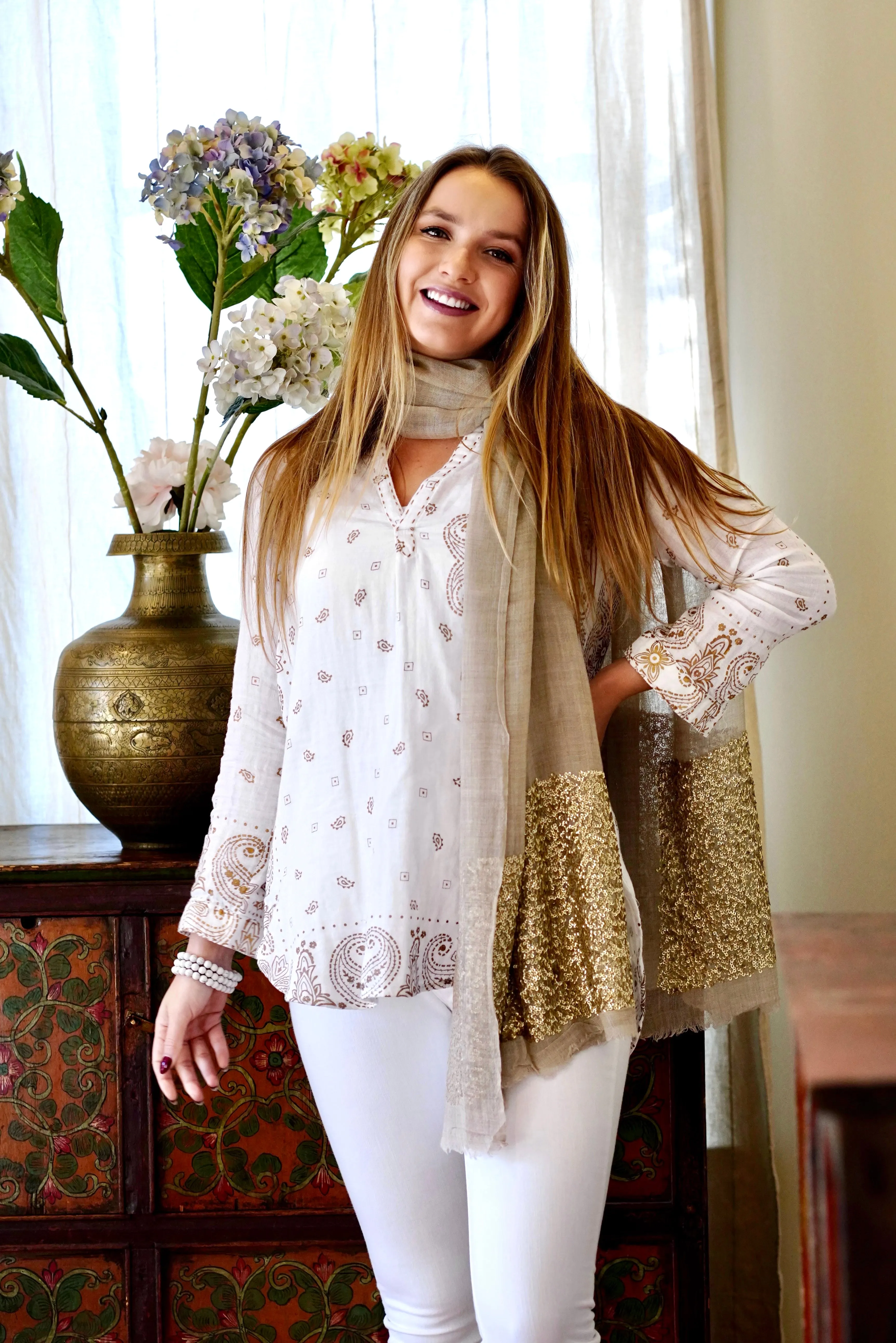 Jemima Double Gauze Block Printed Top Gold White