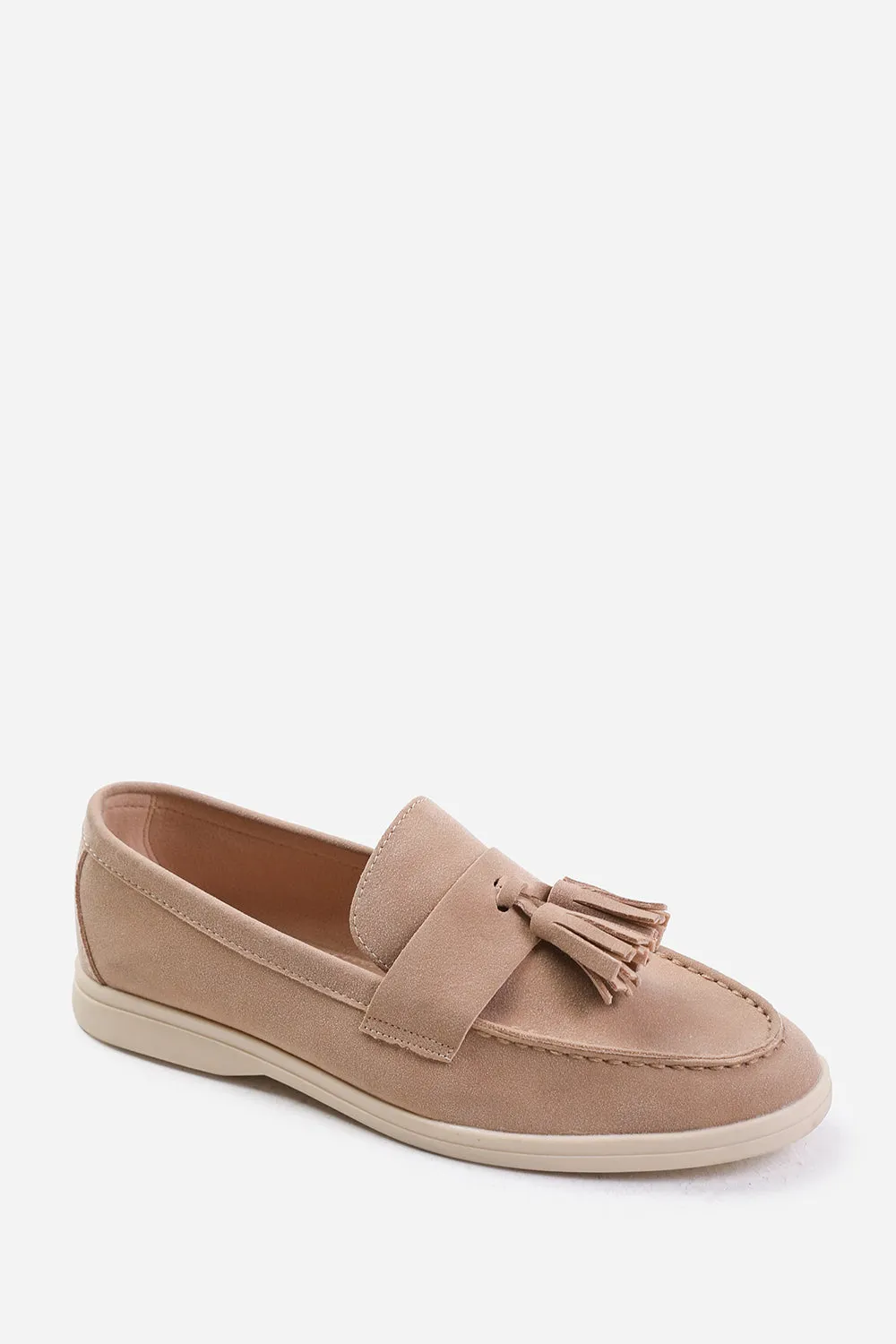 KENYA WIDE FIT SLIP ON LOAFER WITH TASSEL DETAILING IN KHAKI SUEDE