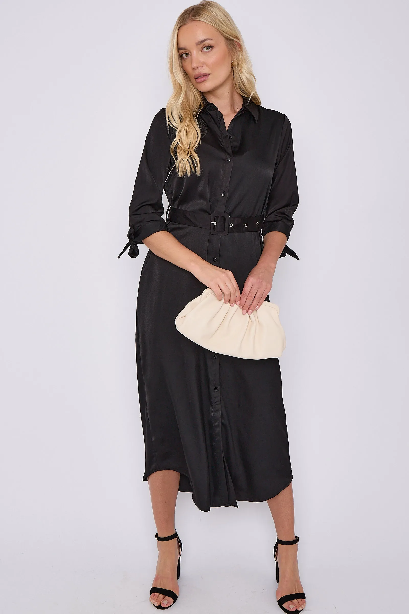 LOVE SUNSHINE Black Half Sleeve Belted Maxi Shirt Dress