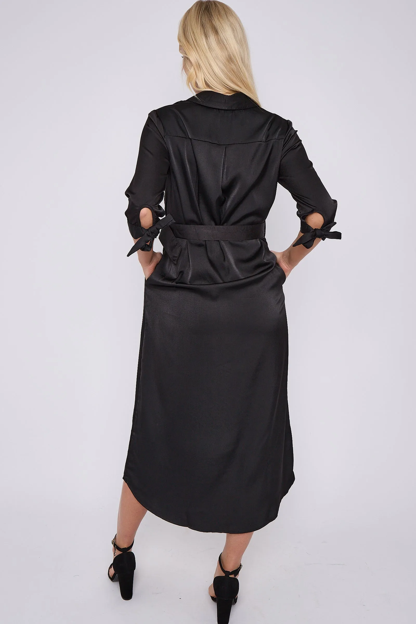 LOVE SUNSHINE Black Half Sleeve Belted Maxi Shirt Dress