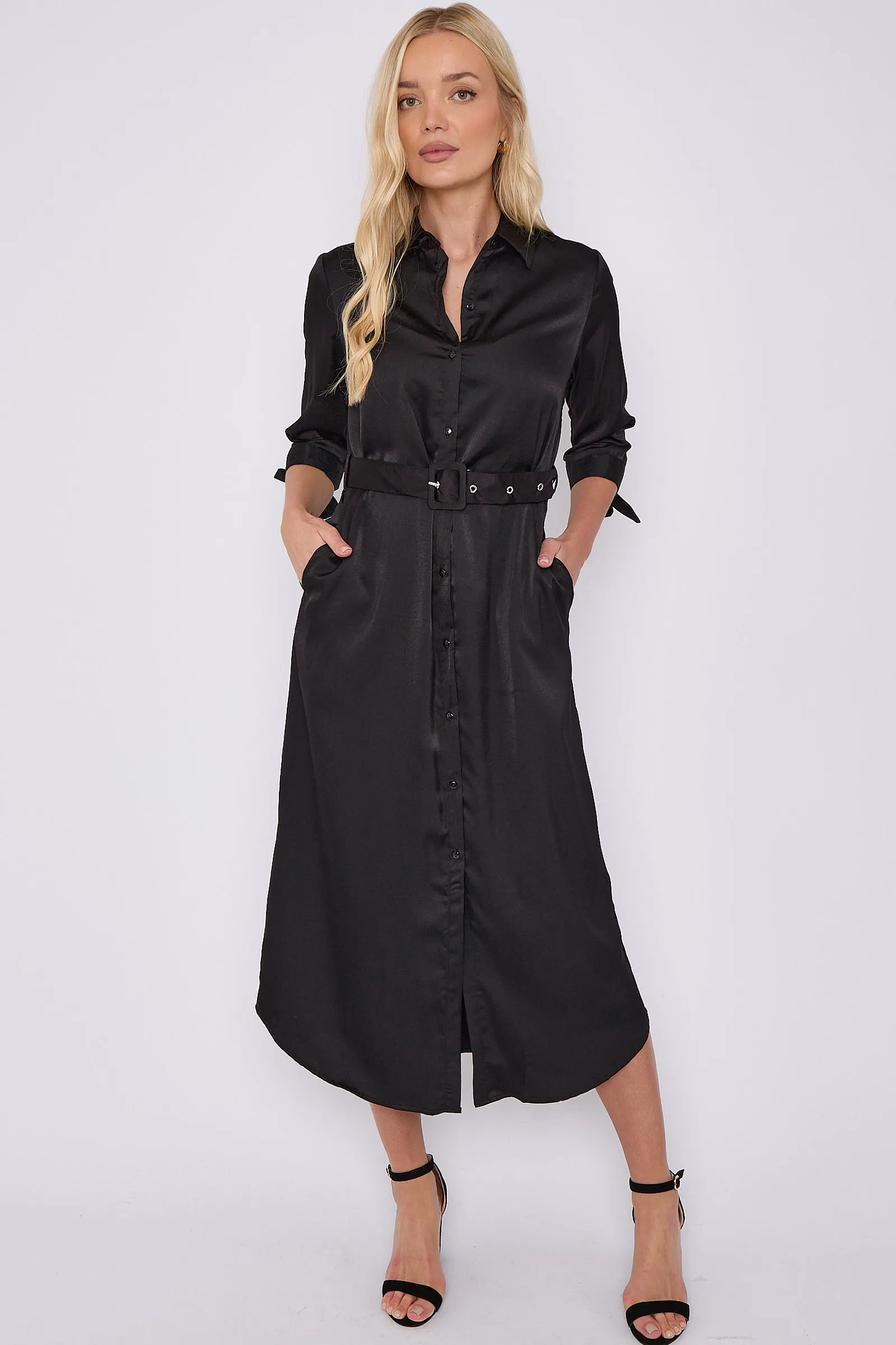 LOVE SUNSHINE Black Half Sleeve Belted Maxi Shirt Dress