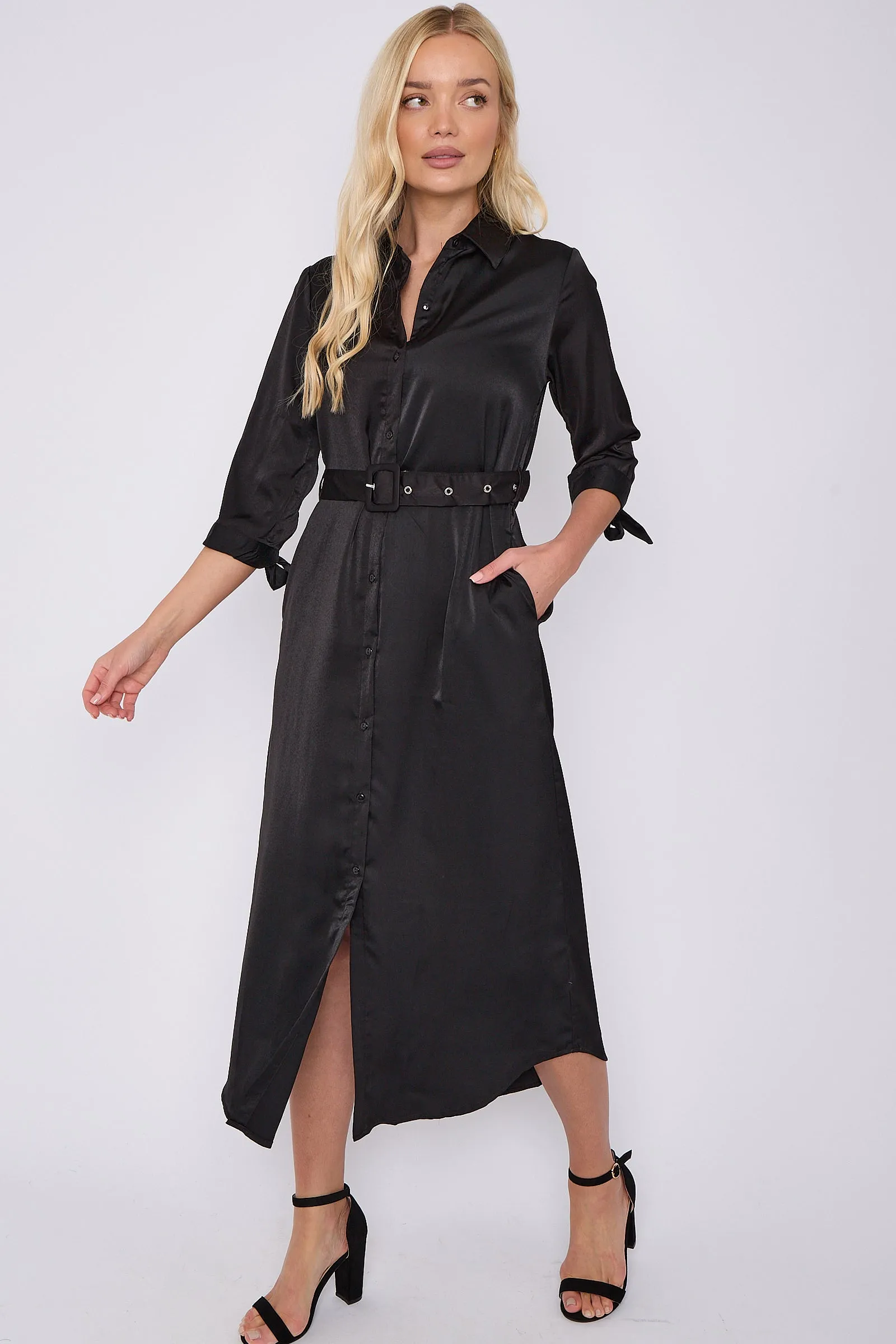 LOVE SUNSHINE Black Half Sleeve Belted Maxi Shirt Dress