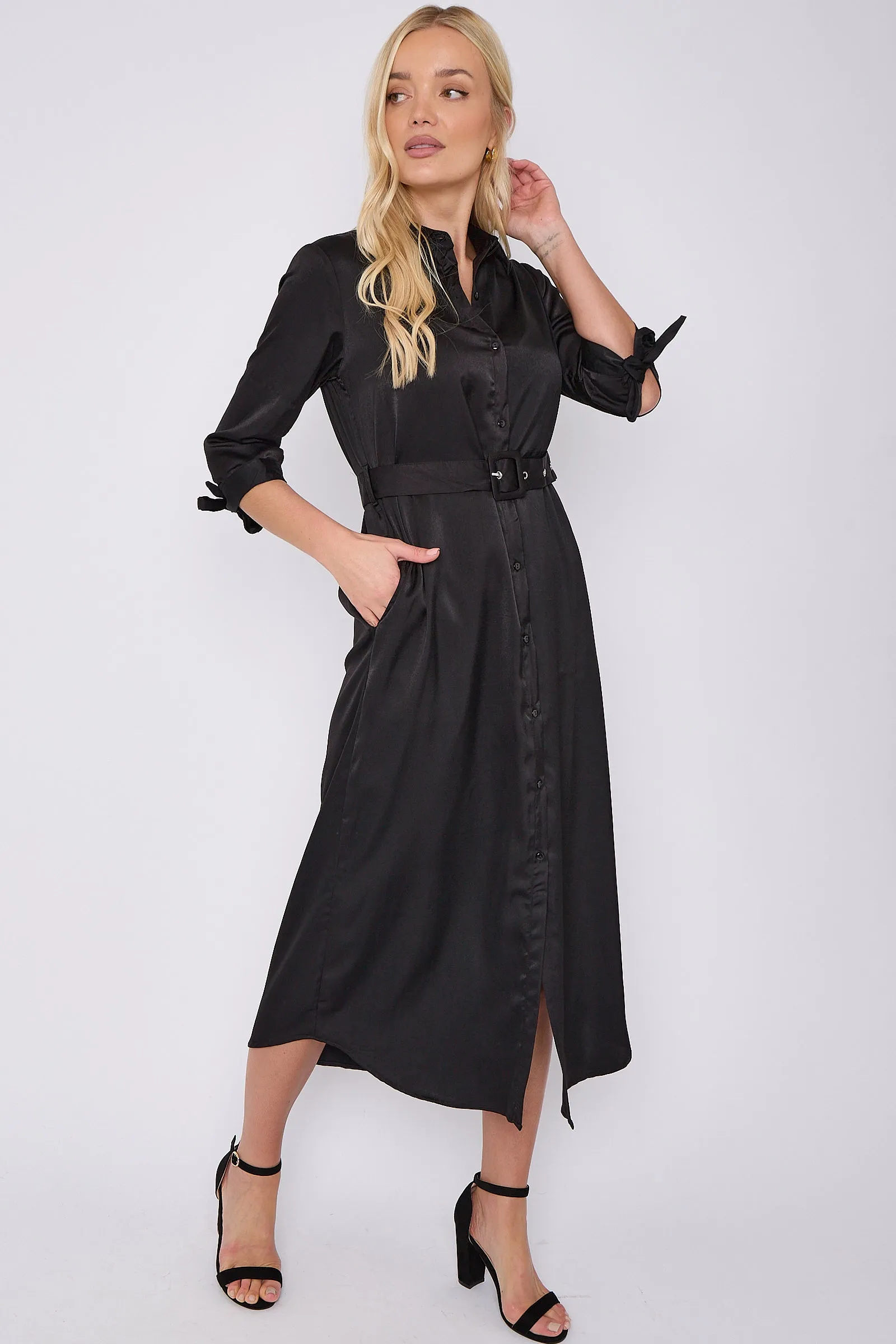 LOVE SUNSHINE Black Half Sleeve Belted Maxi Shirt Dress