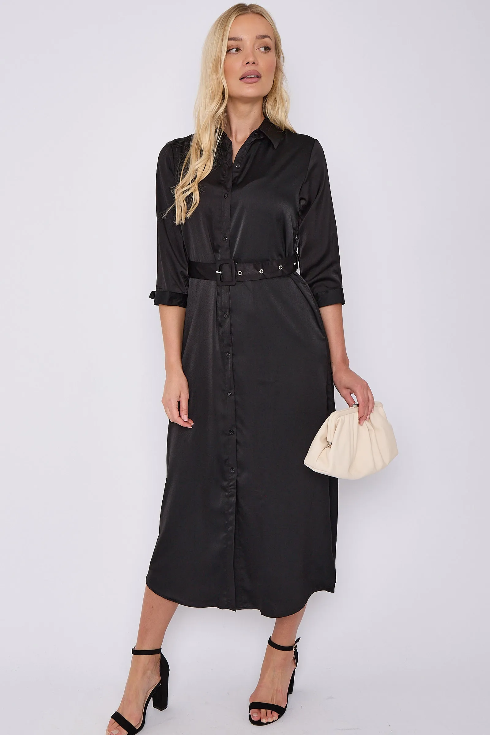 LOVE SUNSHINE Black Half Sleeve Belted Maxi Shirt Dress