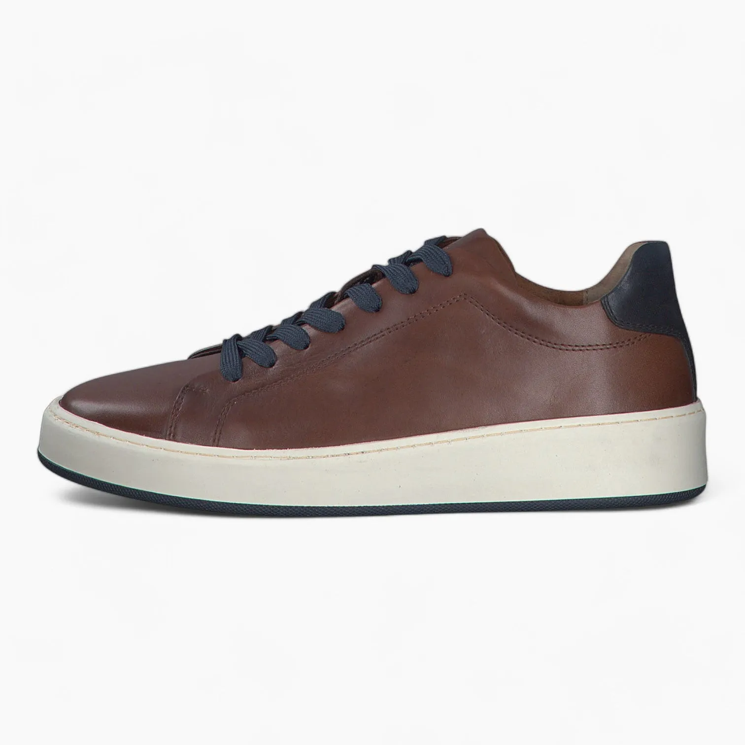 Men's Brown Leather Runner Style Trainers with Blue Accents