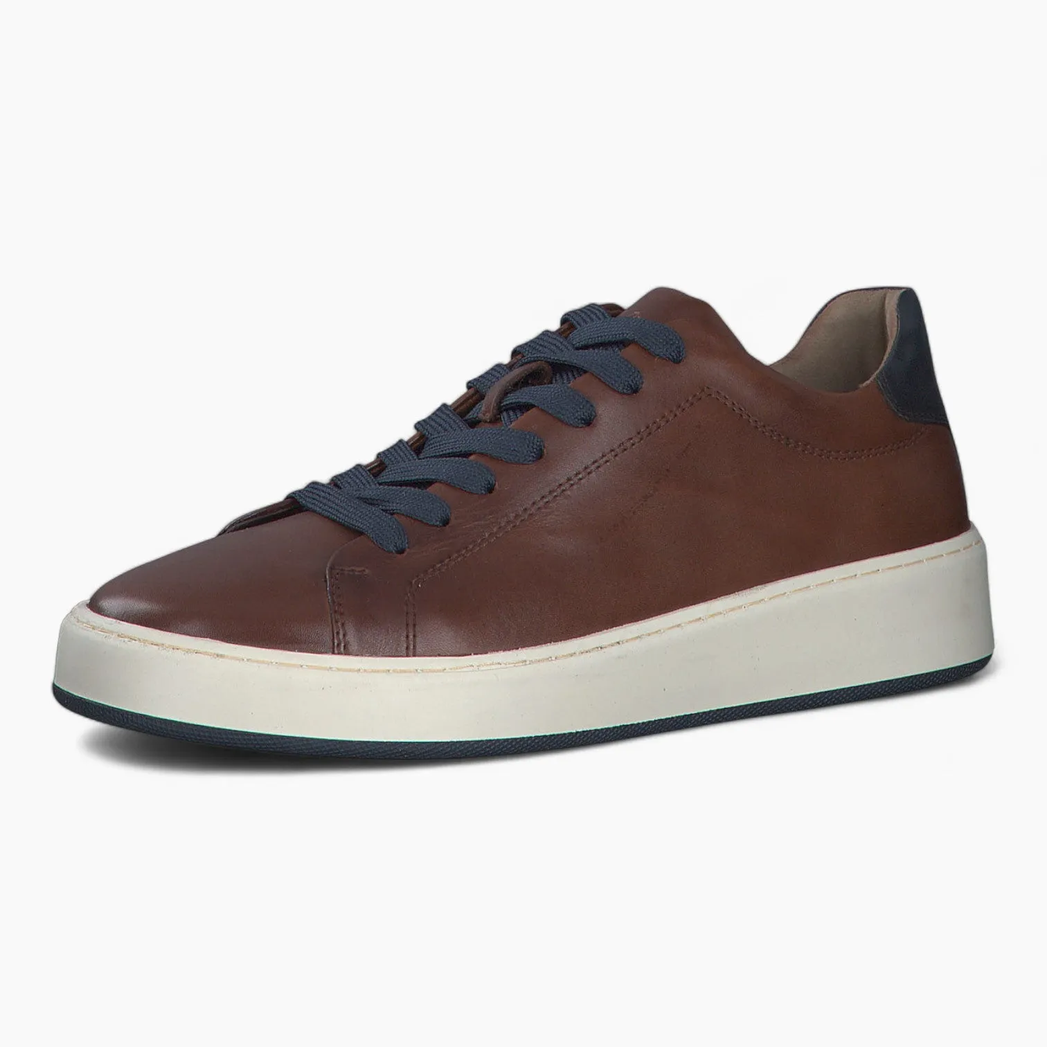 Men's Brown Leather Runner Style Trainers with Blue Accents