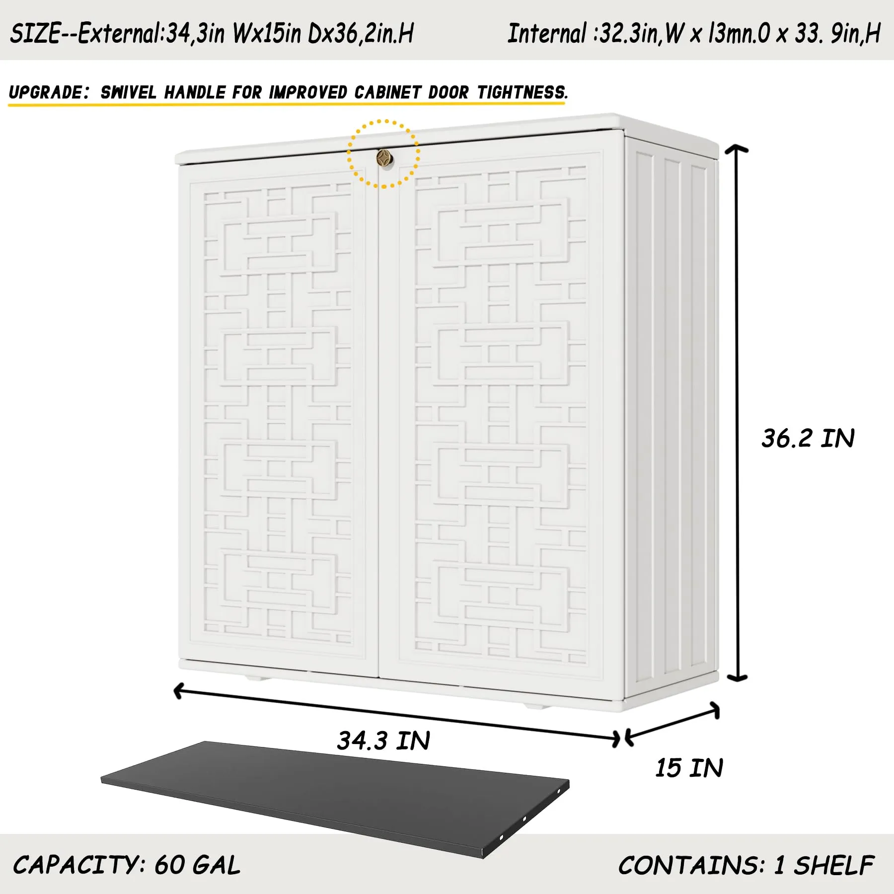 Mrosaa Indoor Outdoor Storage Cabinet Waterproof with Shelf, Off White Plastic Outdoor Cabinets for Patio/Garden/Backyard, Size 34.3''L*15''W*36.2''H