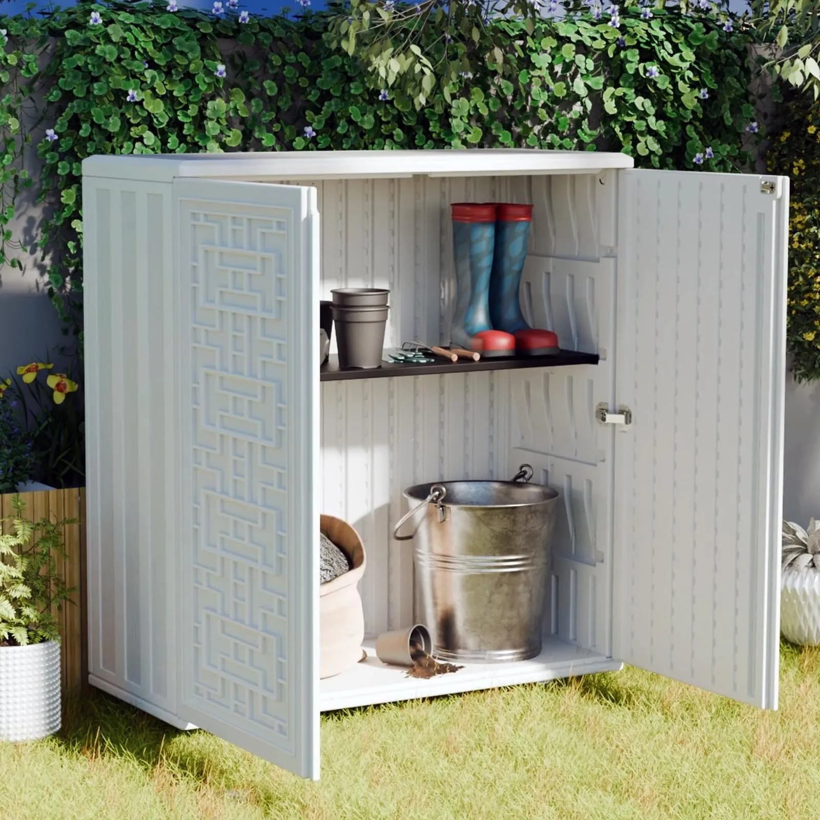 Mrosaa Indoor Outdoor Storage Cabinet Waterproof with Shelf, Off White Plastic Outdoor Cabinets for Patio/Garden/Backyard, Size 34.3''L*15''W*36.2''H