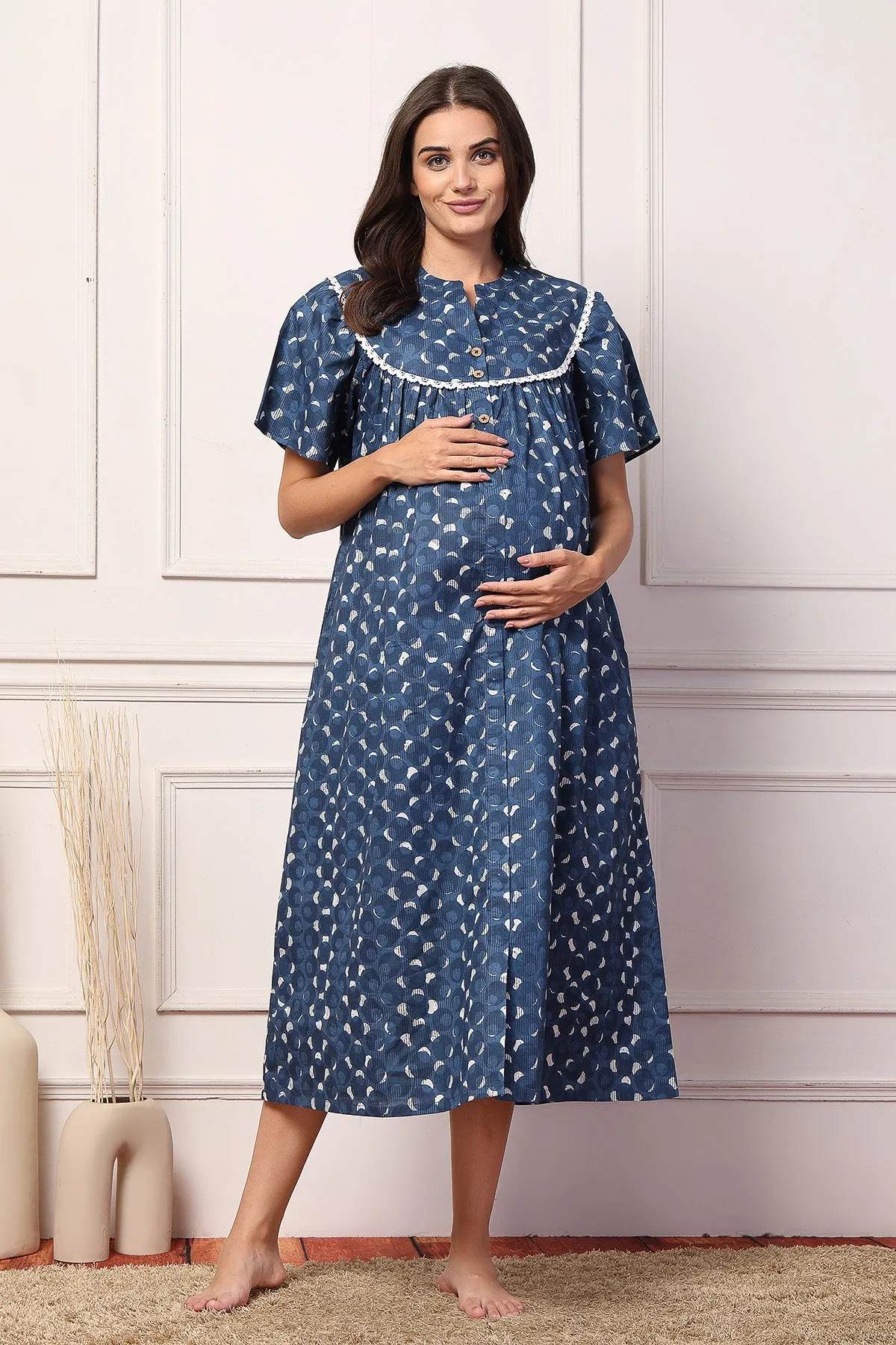 Navy Blue Comfort Cotton Zipless Feeding Maternity Maxi