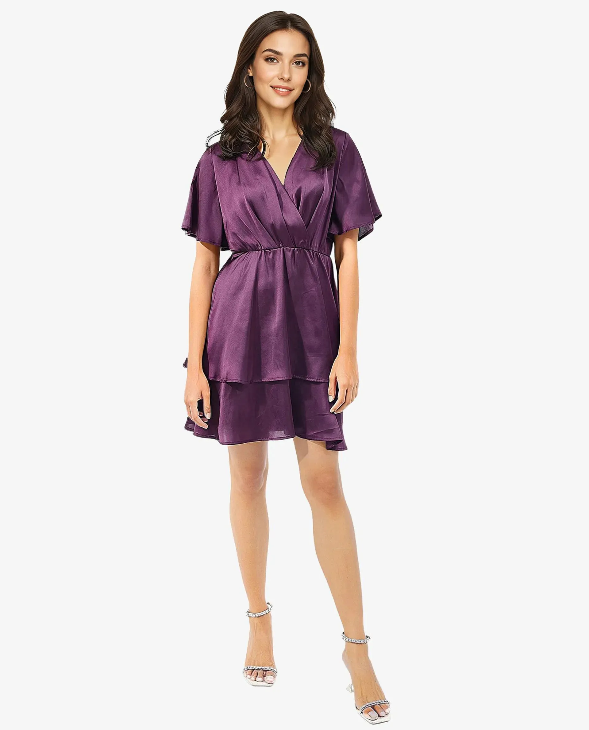 Rareism Women Creola Dark Purple Polyester Fabric Overlap Neck Mini Dress