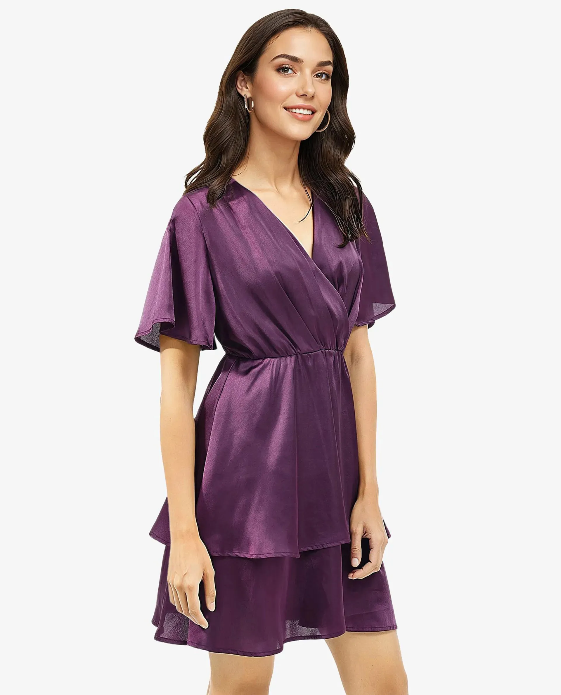 Rareism Women Creola Dark Purple Polyester Fabric Overlap Neck Mini Dress