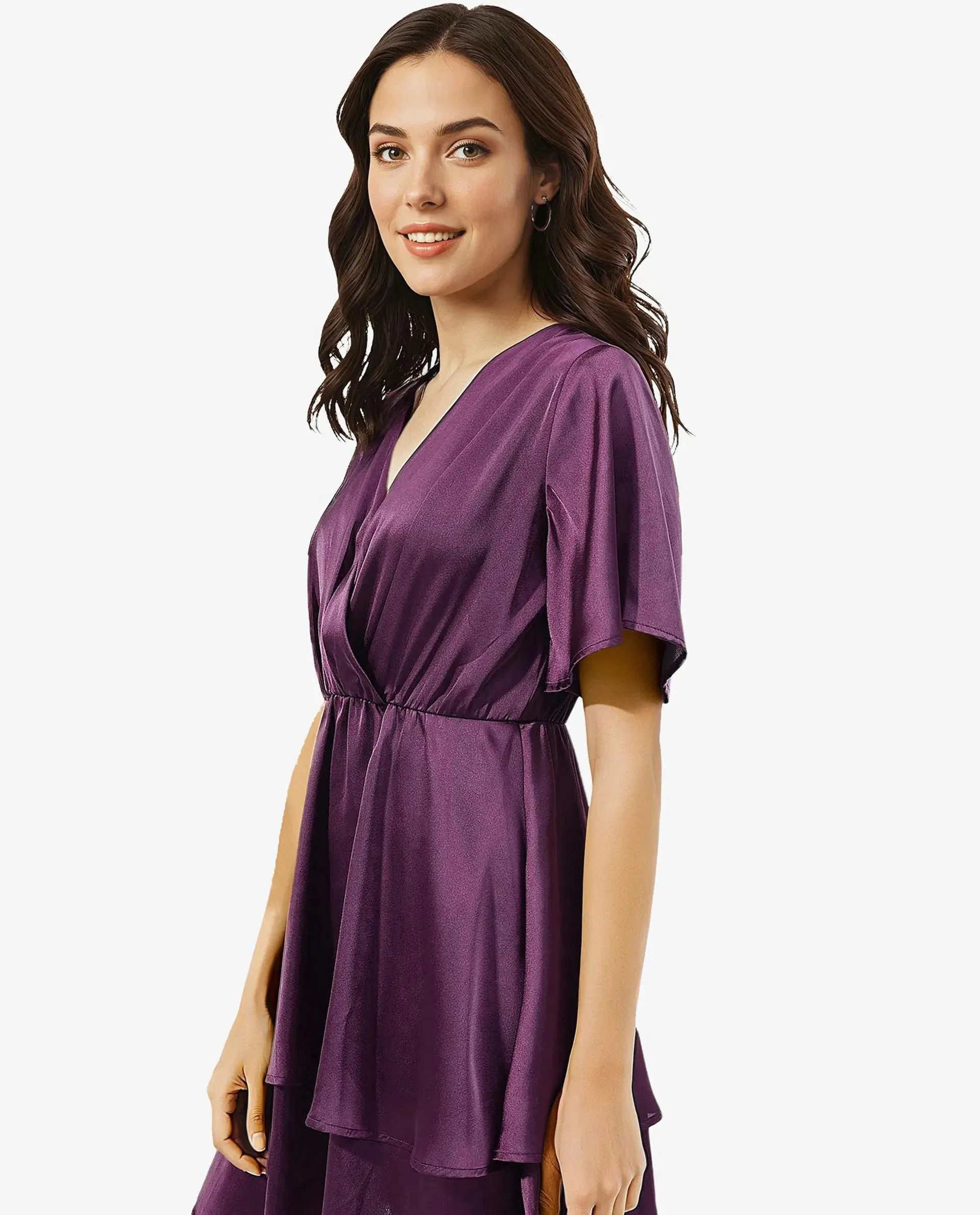 Rareism Women Creola Dark Purple Polyester Fabric Overlap Neck Mini Dress