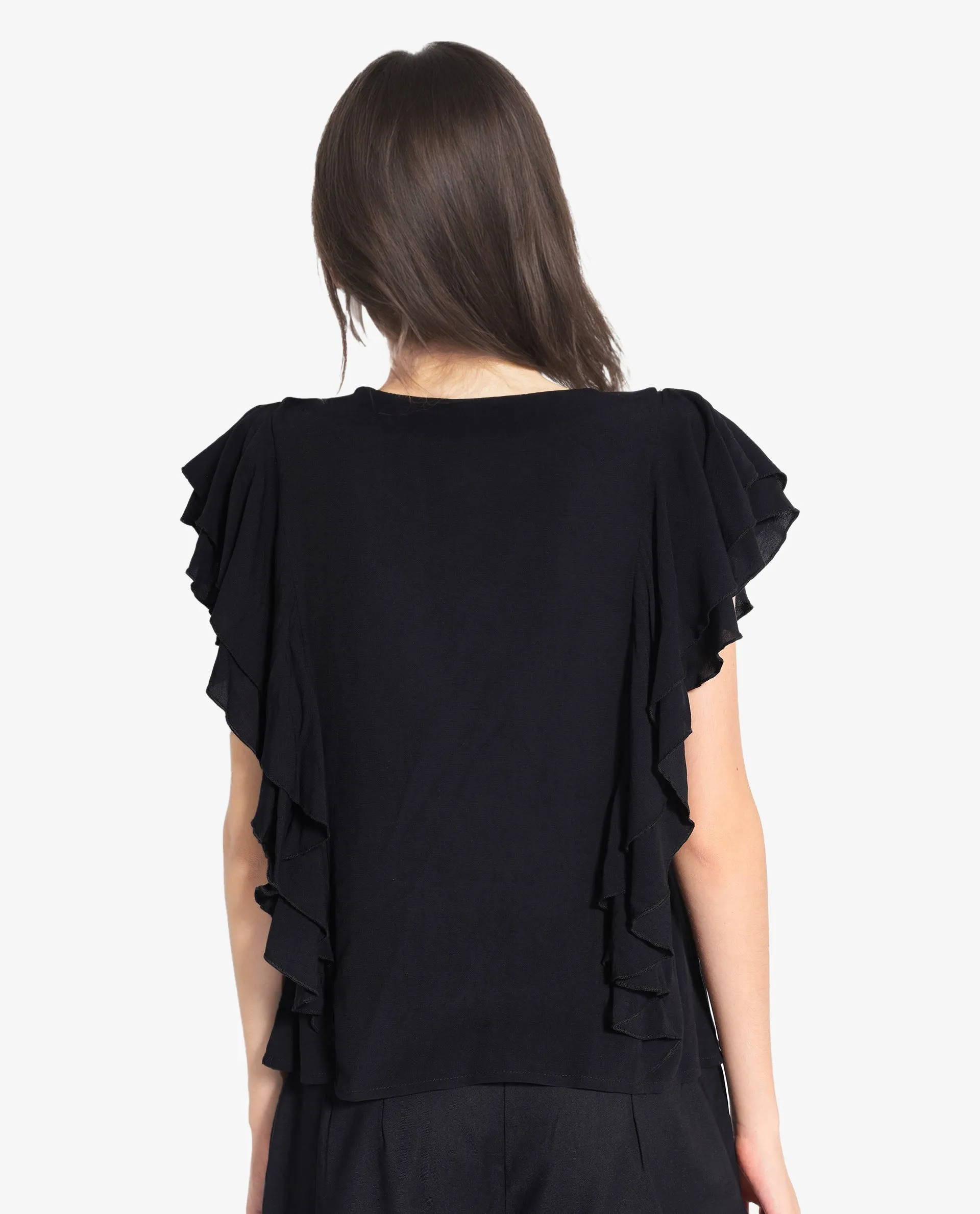 Rareism Women Samal Black Ruffled Sleeves Boat Neck Plain Top