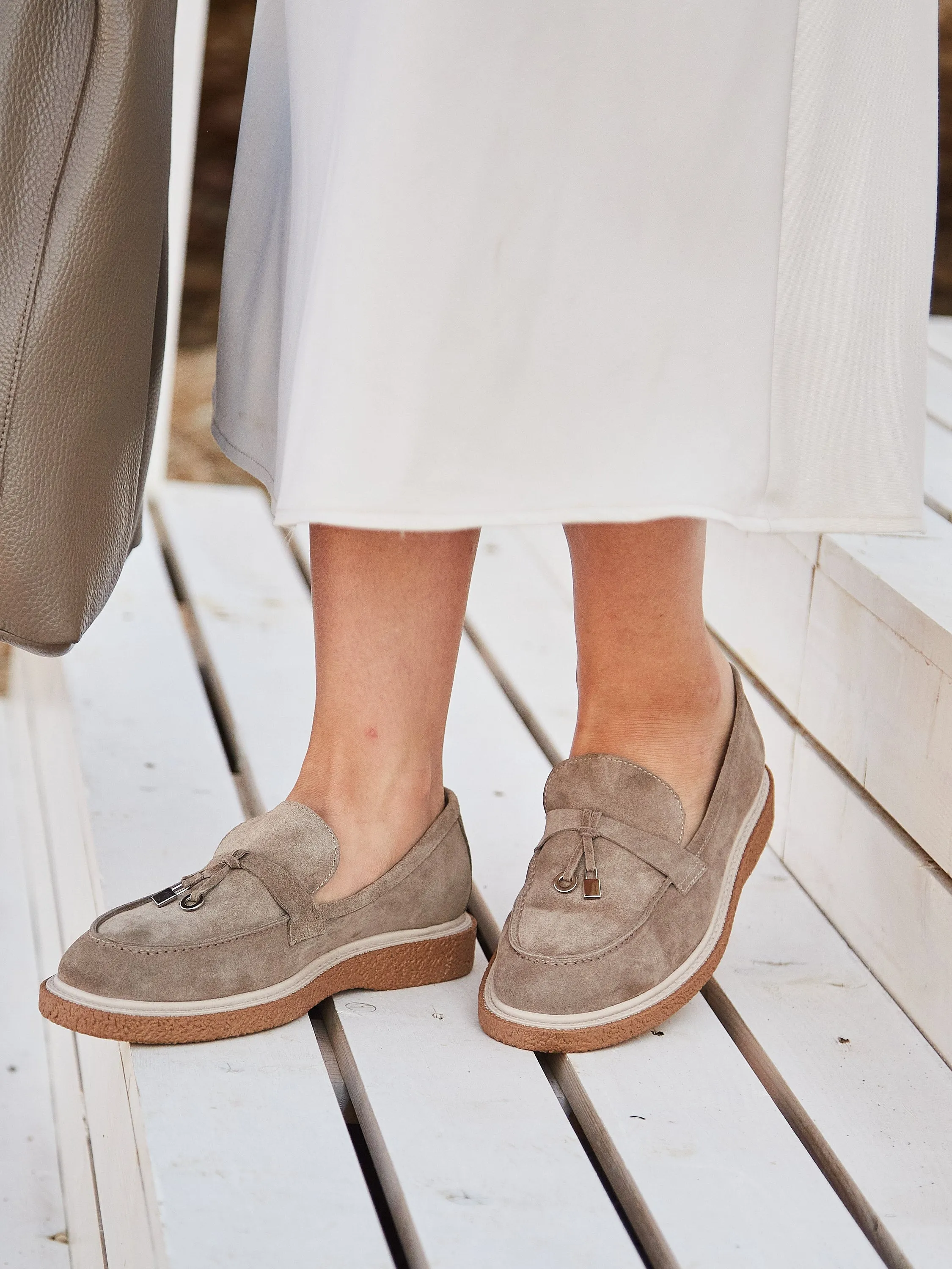 Suede Slip-On Loafers - Beige