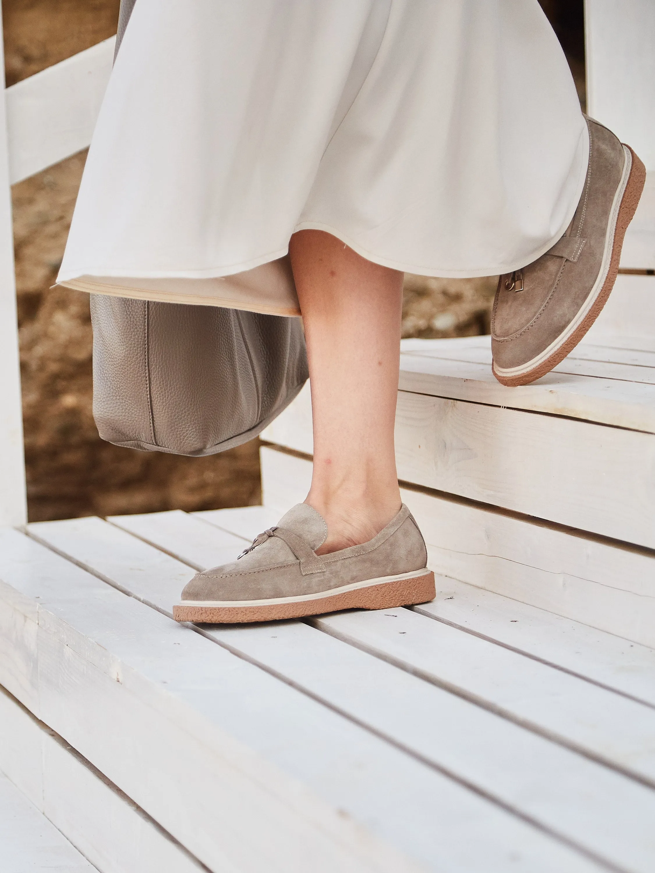 Suede Slip-On Loafers - Beige