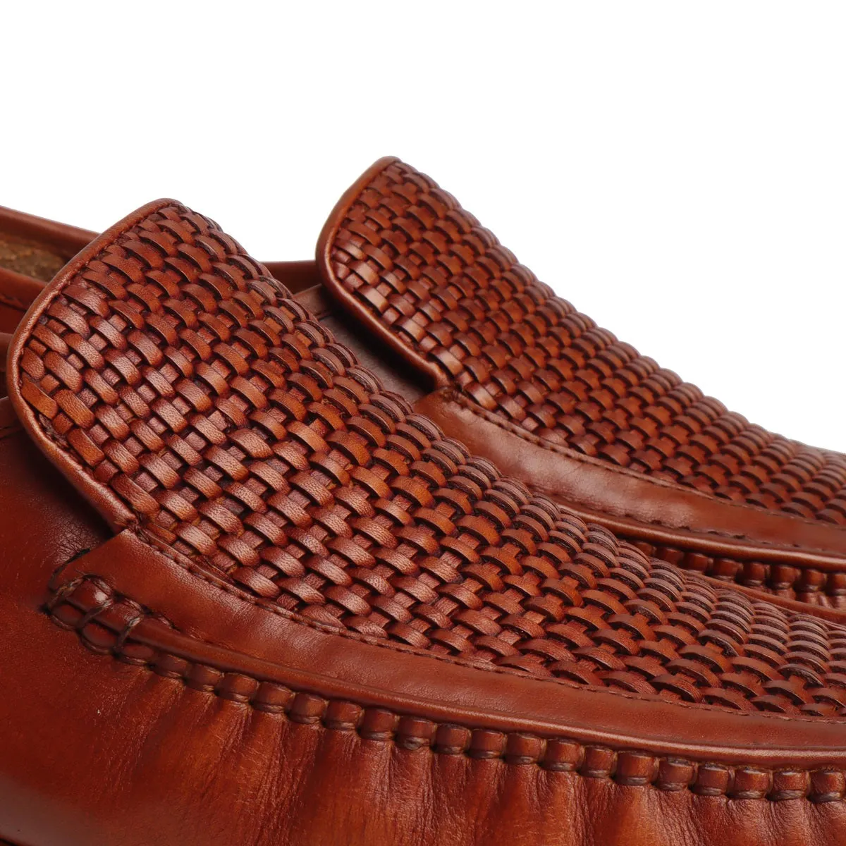 Tan Weaved Vamp Leather Loafers