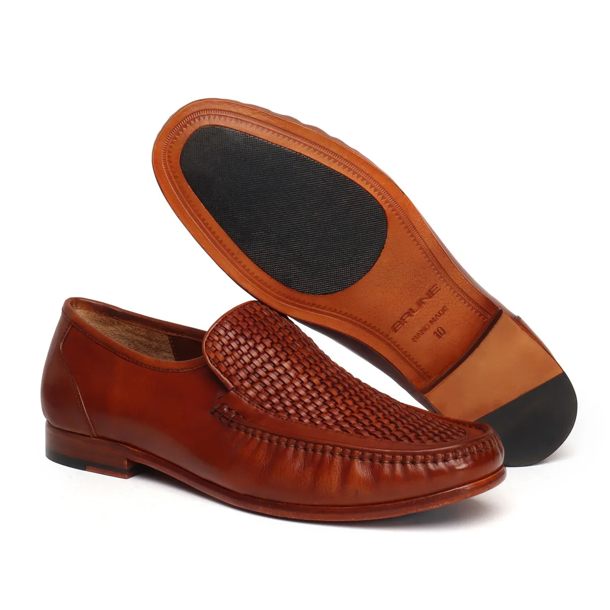 Tan Weaved Vamp Leather Loafers